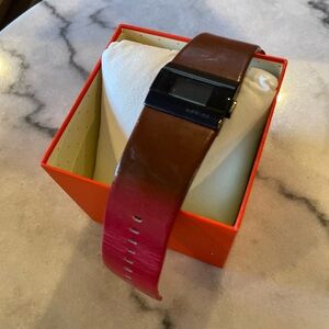 Kswiss Genuine Leather two tone digital watch brown red